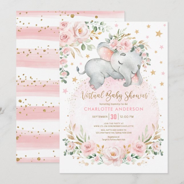 Blush Gold Floral Elephant Virtual Baby Shower Invitation (Front/Back)