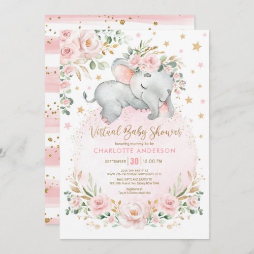Blush Gold Floral Elephant Virtual Baby Shower Invitation