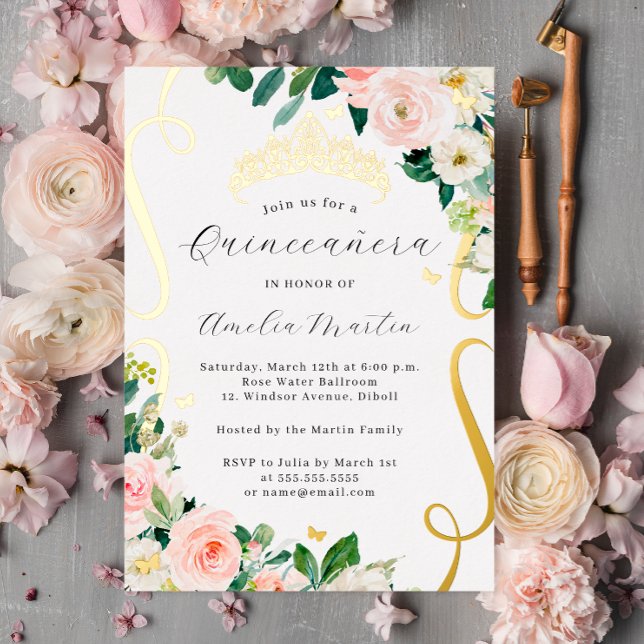 Blush Gold Floral Flowers Scroll Quinceanera   Foil Invitation (Creator Uploaded)