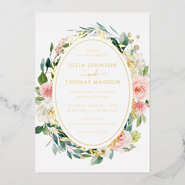 Blush Gold Floral Foliage Wedding Foil Invitation (Front)