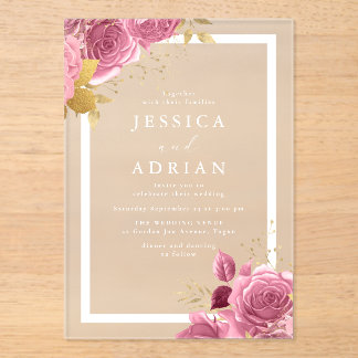 Blush & Gold Floral Frame Wedding Acrylic Invitations