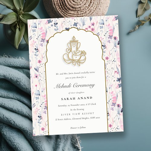 Blush Gold Floral Ganesh Indian Wedding Mehndi Enclosure Card