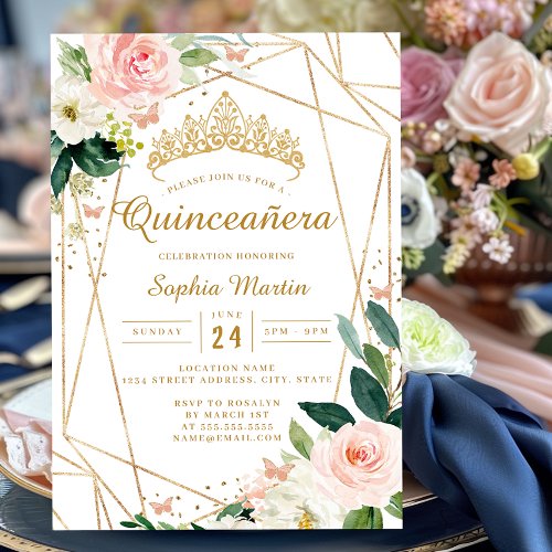 Blush Gold Floral Geometric Butterfly Quinceanera  Invitation