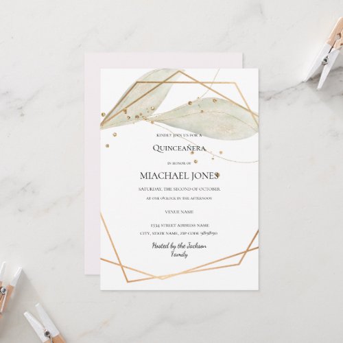 Blush Gold Floral Geometric Quinceanera  Invitatio Invitation