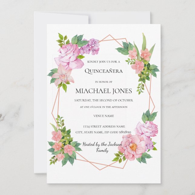 Blush Gold Floral Geometric Quinceanera Invitation (Front)
