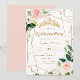 Blush Gold Floral Geometric Quinceanera  Invitation