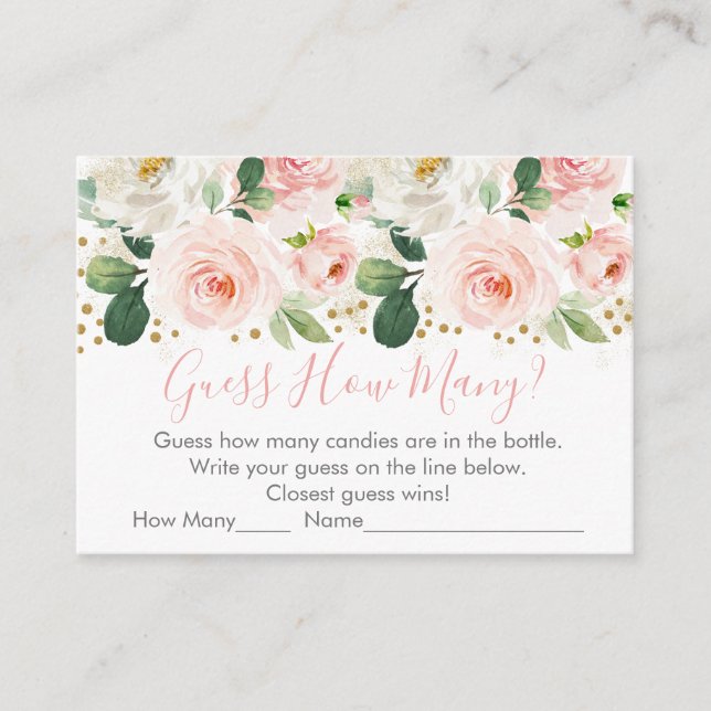 Blush & Gold Floral Guess How Many Shower Game Enclosure Card (Front)