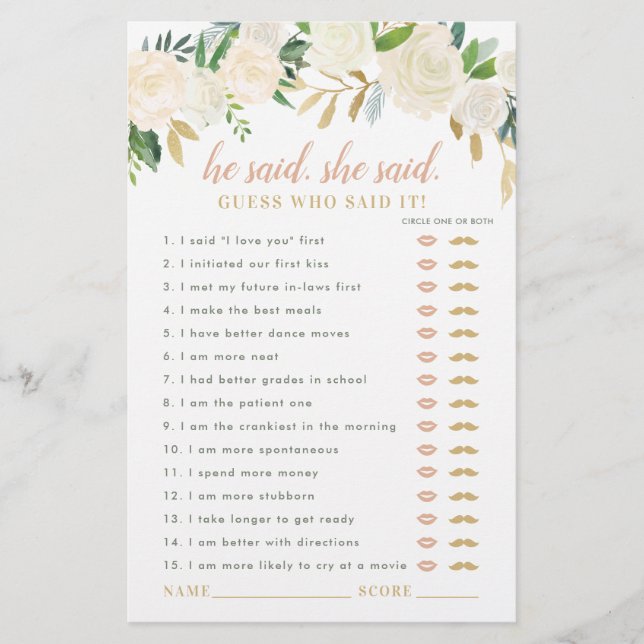 Blush Gold Floral He Said She Said Shower Game (Front)