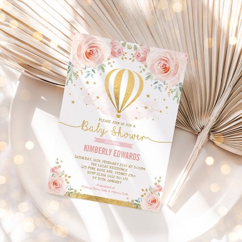 Blush Gold Floral Hot Air Balloon Girl Baby Shower Invitation