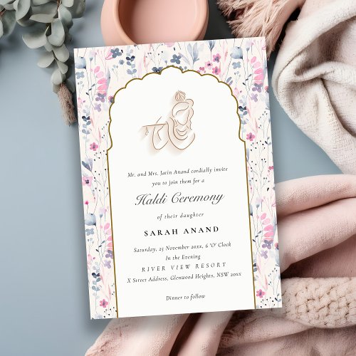 Blush Gold Floral Krishna Indian Wedding Haldi Enclosure Card