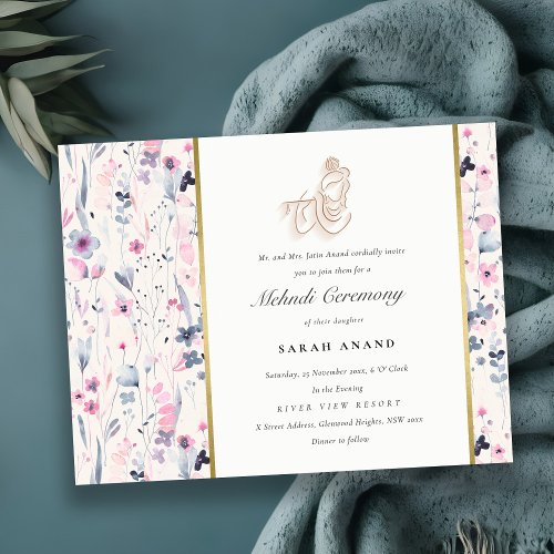 Blush Gold Floral Krishna Indian Wedding Mehndi Enclosure Card