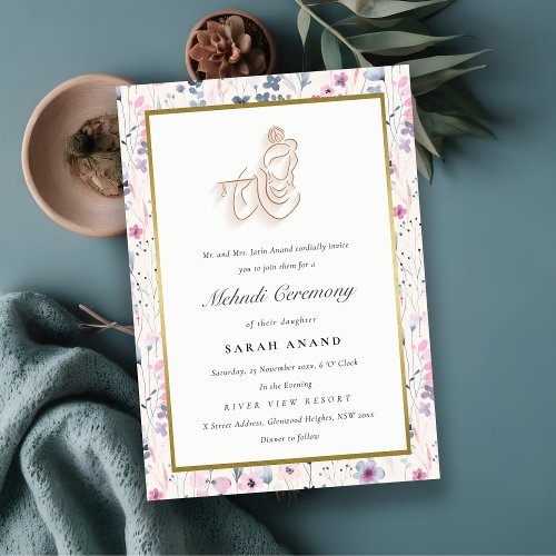 Blush Gold Floral Krishna Indian Wedding Mehndi Enclosure Card