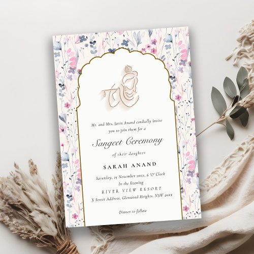 Blush Gold Floral Krishna Indian Wedding Sangeet Enclosure Card