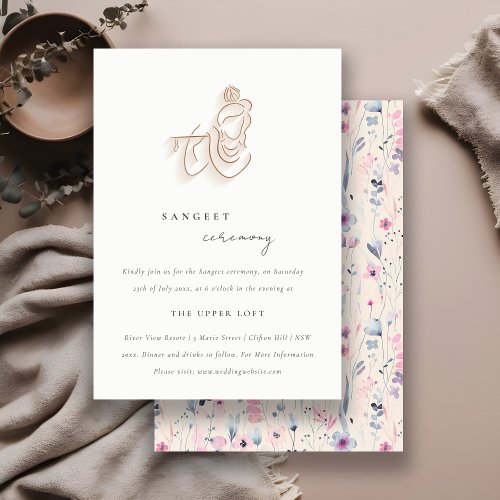 Blush Gold Floral Krishna Indian Wedding Sangeet Enclosure Card