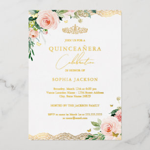 Blush Gold Floral Lace Quinceanera Foil Invitation