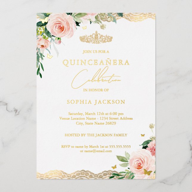 Blush Gold Floral Lace Quinceanera Foil Invitation (Front)