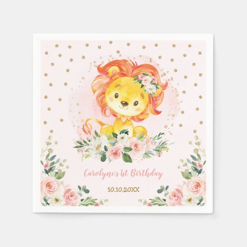 Blush Gold Floral Lion Baby Shower Wild Birthday Napkins