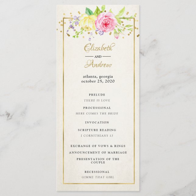 Blush Gold Floral Modern  Wedding Ceremony Program (Front)