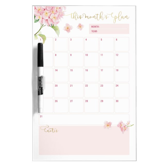 Blush & Gold Floral Monthly Planner To Do List   Dry Erase Board (Front)