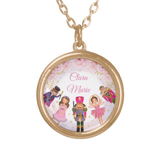 Blush Gold Floral Nutcracker Ballerina Girl Gift Plated Necklace (Front)