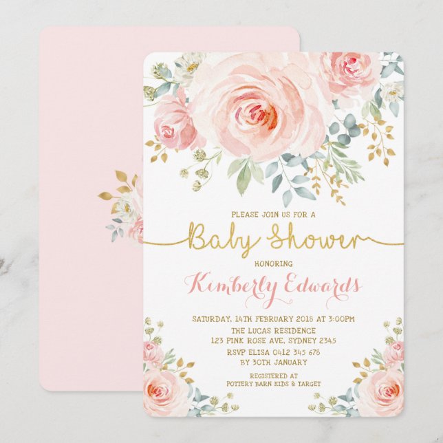 Blush Gold Floral Rose Girl Baby Shower Invitation (Front/Back)
