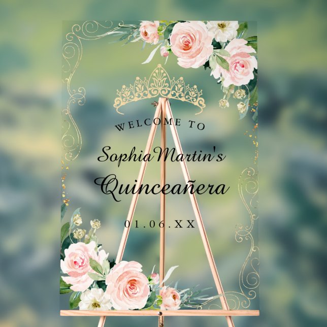 Blush Gold Floral Swirl Quinceanera Acrylic Sign (Neutral)
