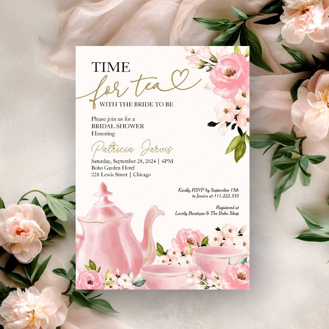 Blush Gold Floral Time for Tea Bridal Shower Invitation (Creator Uploaded)
