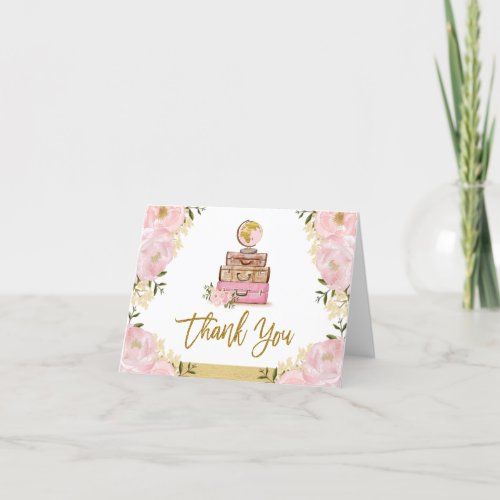 Blush Gold Floral Travel Suitcase Bridal Shower Thank You Card