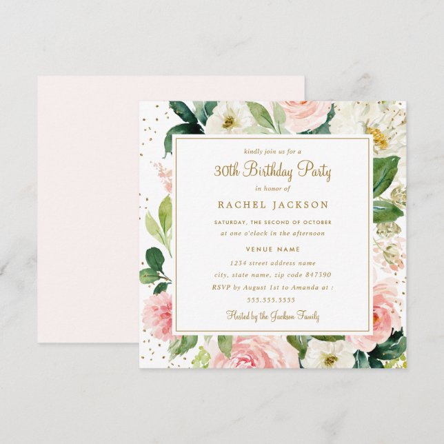 Blush Gold Floral Watercolor 30th Birthday Invite (Front/Back)
