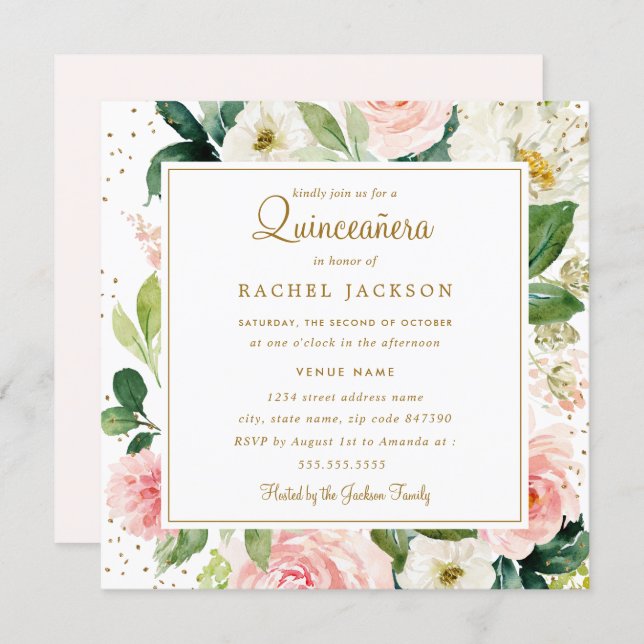Blush Gold Floral Watercolor Quinceanera Invite (Front/Back)