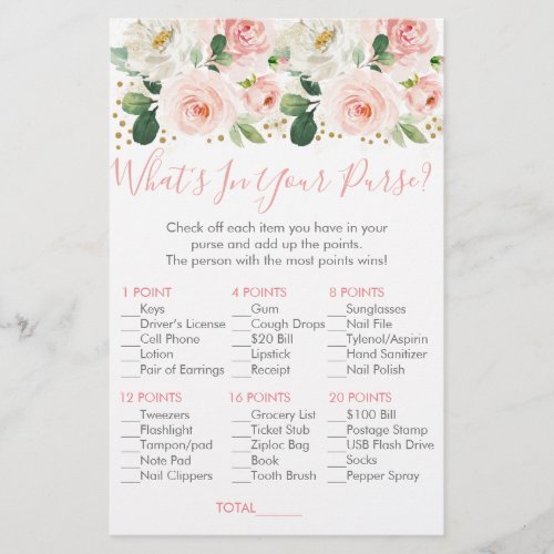 Blush Gold Floral Whats In Your Purse Bridal Game