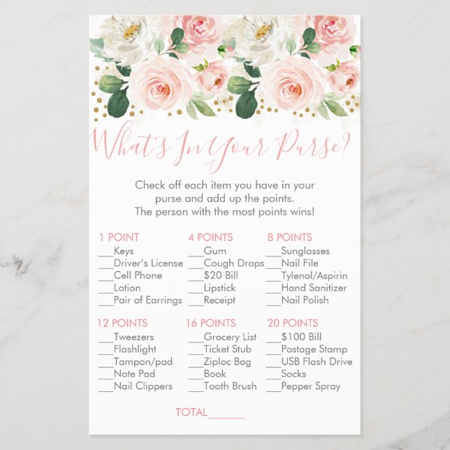 Blush Gold Floral What's In Your Purse Bridal Game (Front)