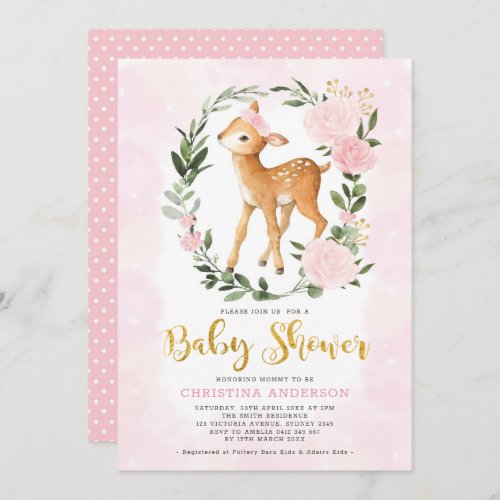 Blush Gold Floral Woodland Deer Girl Baby Shower Invitation