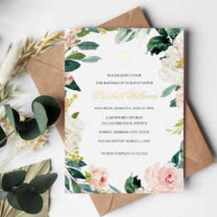 Blush Gold Floral Wreath Cross Girl Baptism  Foil Invitation
