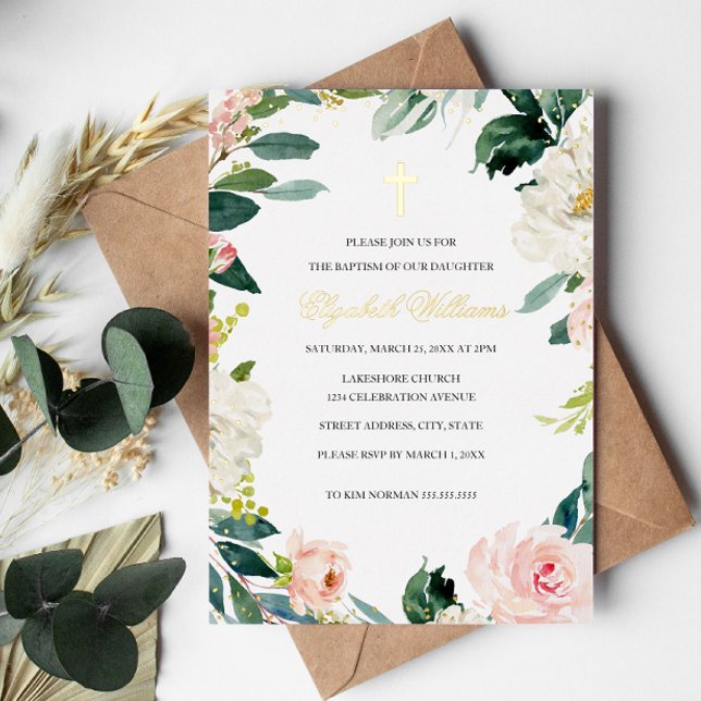 Blush Gold Floral Wreath Cross Girl Baptism  Foil Invitation (Creator Uploaded)