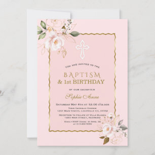 Blush Gold Flowers Girl 1st Birthday & Baptism Invitation