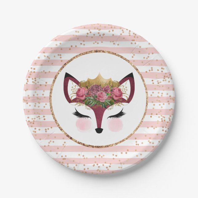 Blush & Gold Fox Princess Paper Plates (Front)