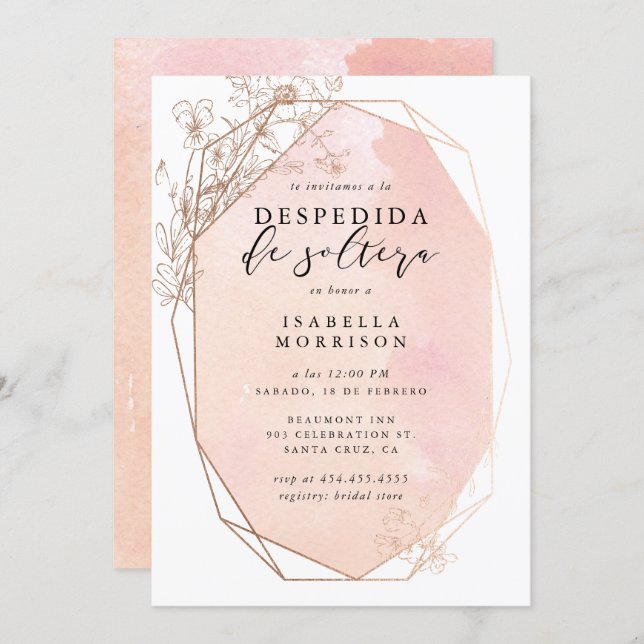 Blush Gold Geometric Floral Spanish Bridal Shower Invitation (Front/Back)