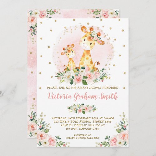 Blush Gold Giraffe Girl Baby Shower Floral Roses Invitation