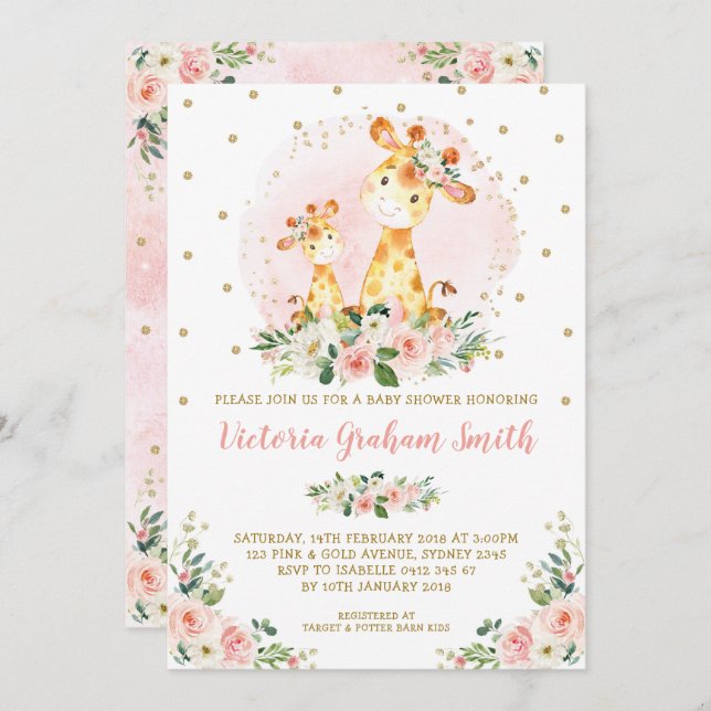 Blush Gold Giraffe Girl Baby Shower Floral Roses Invitation (Front/Back)