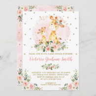 Blush Gold Giraffe Girl Baby Shower Floral Roses Invitation