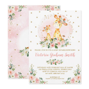 Blush Gold Giraffe Girl Baby Shower Floral Roses Invitation