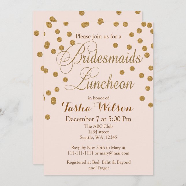 Blush Gold Glitter Bridesmaids Luncheon invites (Front/Back)