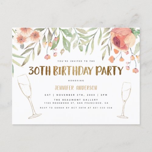 Blush  Gold Glitter Champagne 30th Birthday Invitation Postcard