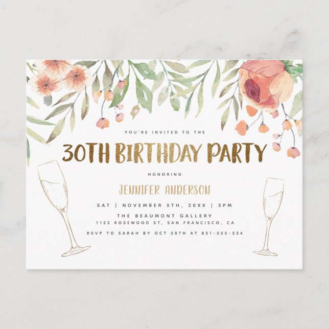 Blush & Gold Glitter Champagne 30th Birthday Invitation Postcard (Front)