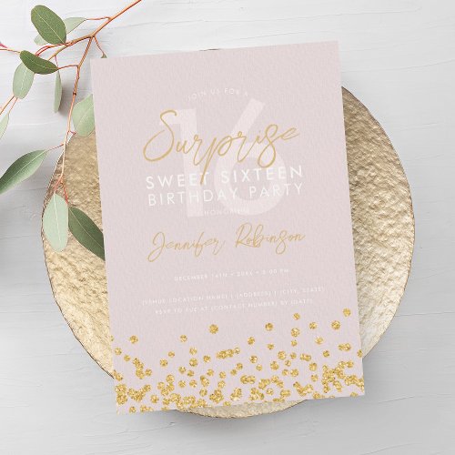 Blush  Gold Glitter Confetti Surprise Sweet 16  Invitation