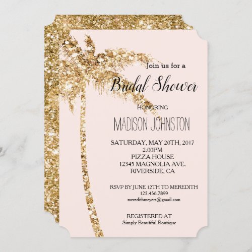 Blush Gold Glitter Palm Tree Bridal Shower Invitation