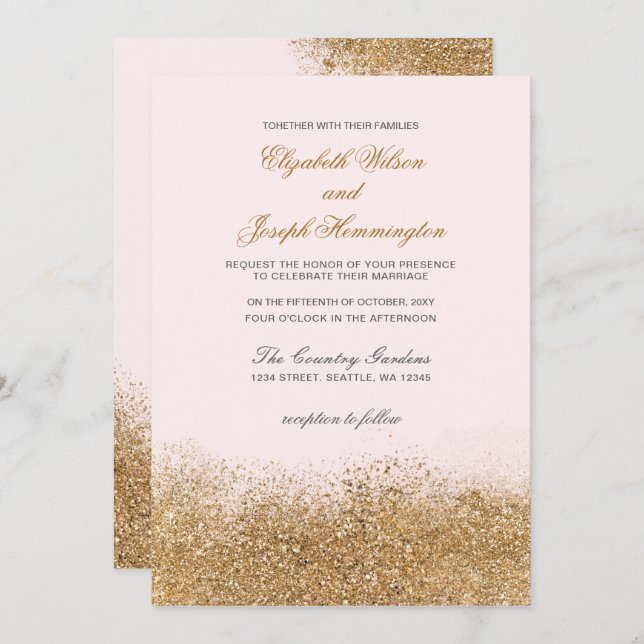 Blush Gold Glitter Sparkle Elegant Wedding Invitation (Front/Back)