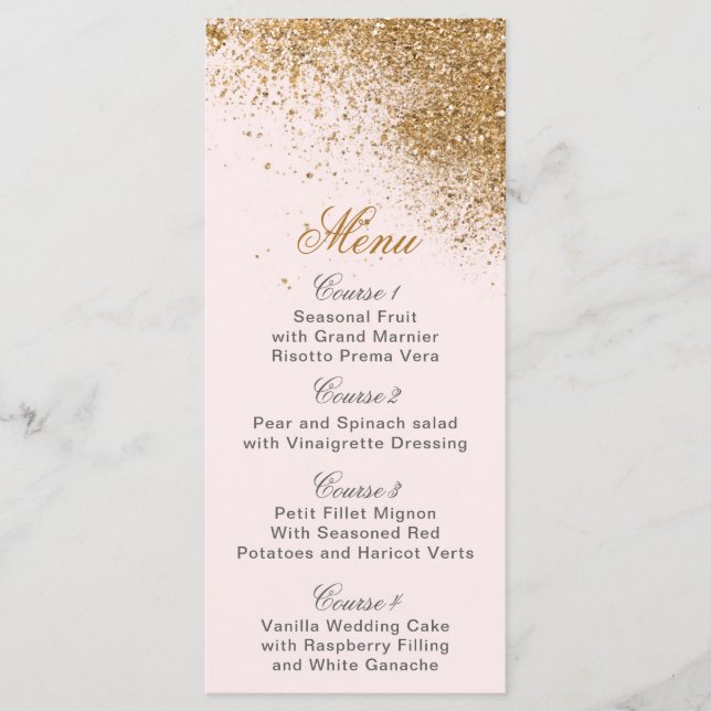 Blush Gold Glitter Sparkle Elegant Wedding Menu (Front)