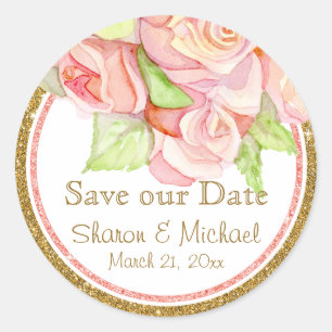 Blush Gold Glitter Watercolor Rose Bouquet Pearls Classic Round Sticker
